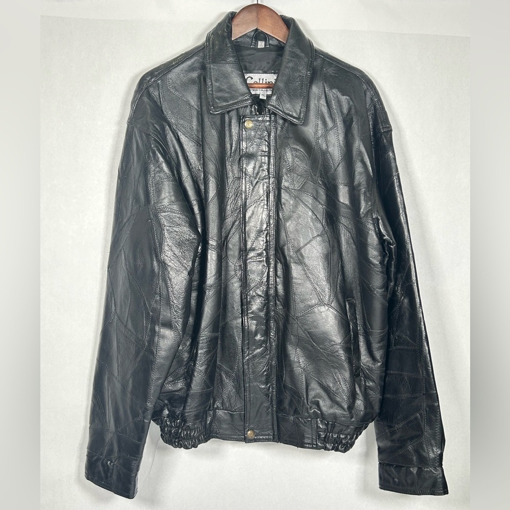 Cellini Men’s Black Leather Patchwork Bomber Jacket